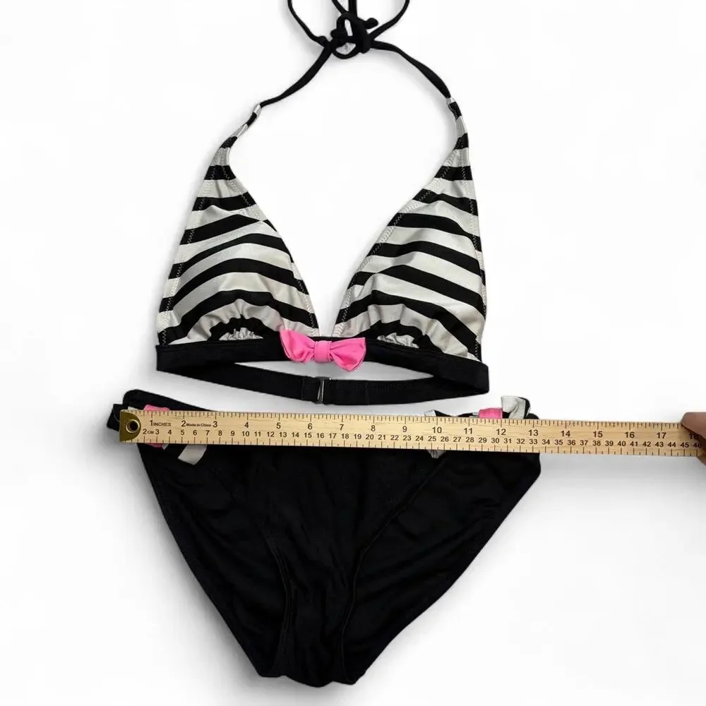 Y2K black and white striped bikini set with pink bow detail size M brand is Heat